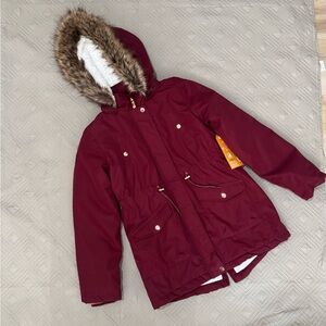 New Burgundy Kids Parka with Faux Fur Hood 14/16